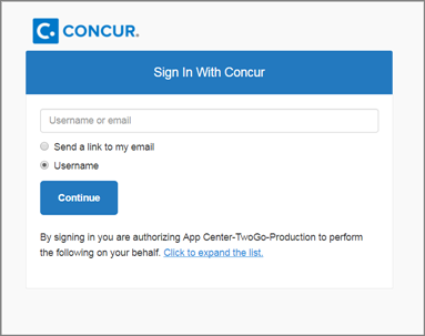当用户选择将他们在合作伙伴站点上的帐户与他们的Concur帐户连接时，将提示用户进行Concur身份验证。他们有两个选择，发送一个链接到我的电子邮件，或输入他们的用户名验证。